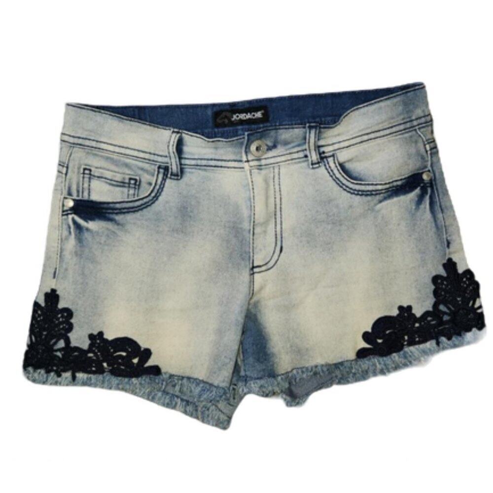 Jordache Stone Wash Raw Hem Lace Accent Blue Denim Shorts Girls 14